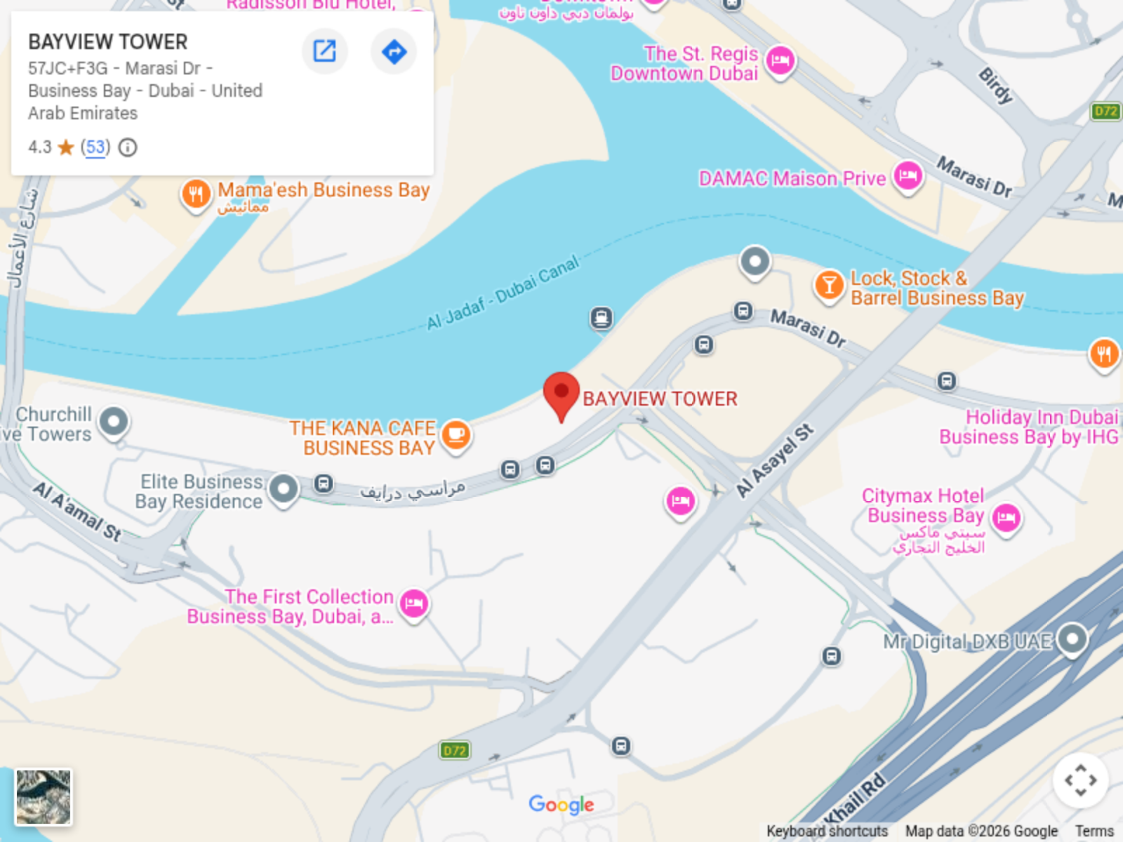 Google Maps showing Sukoon Studio at Bay View Tower, Business Bay, Dubai